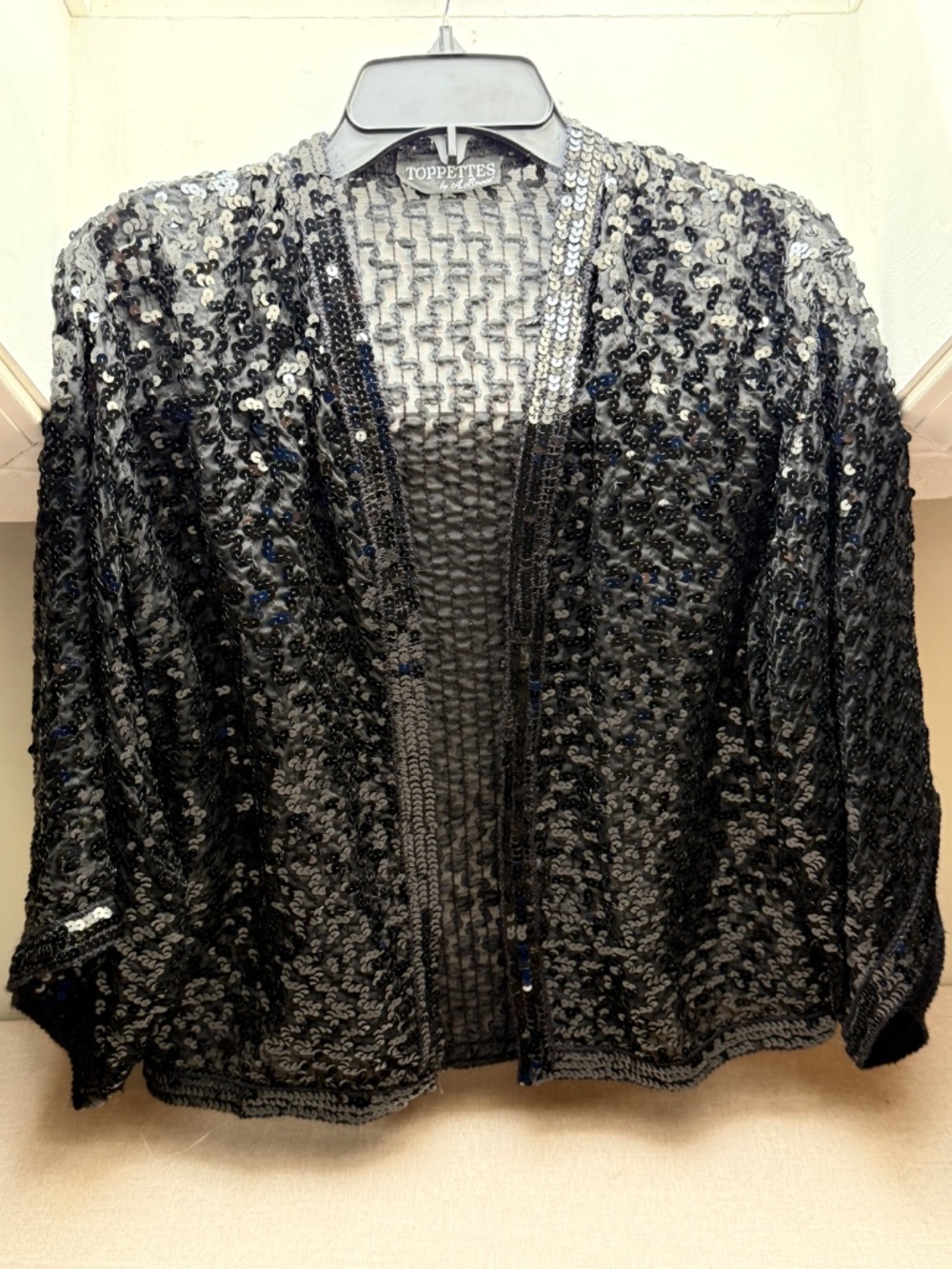 Vintage 80s Toppettes Black Sequin Evening Party Jacket Cardigan - Picture 3 of 9